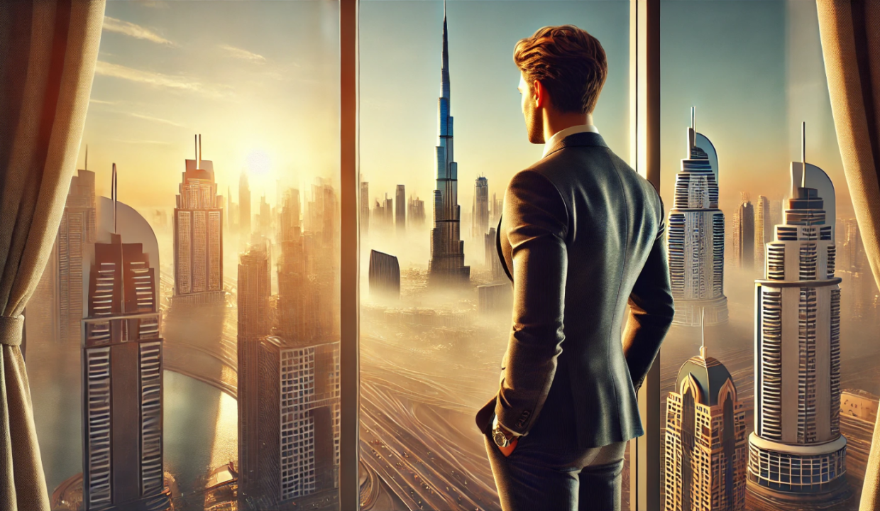 a person standing and looking dubai skyscrappers for investment