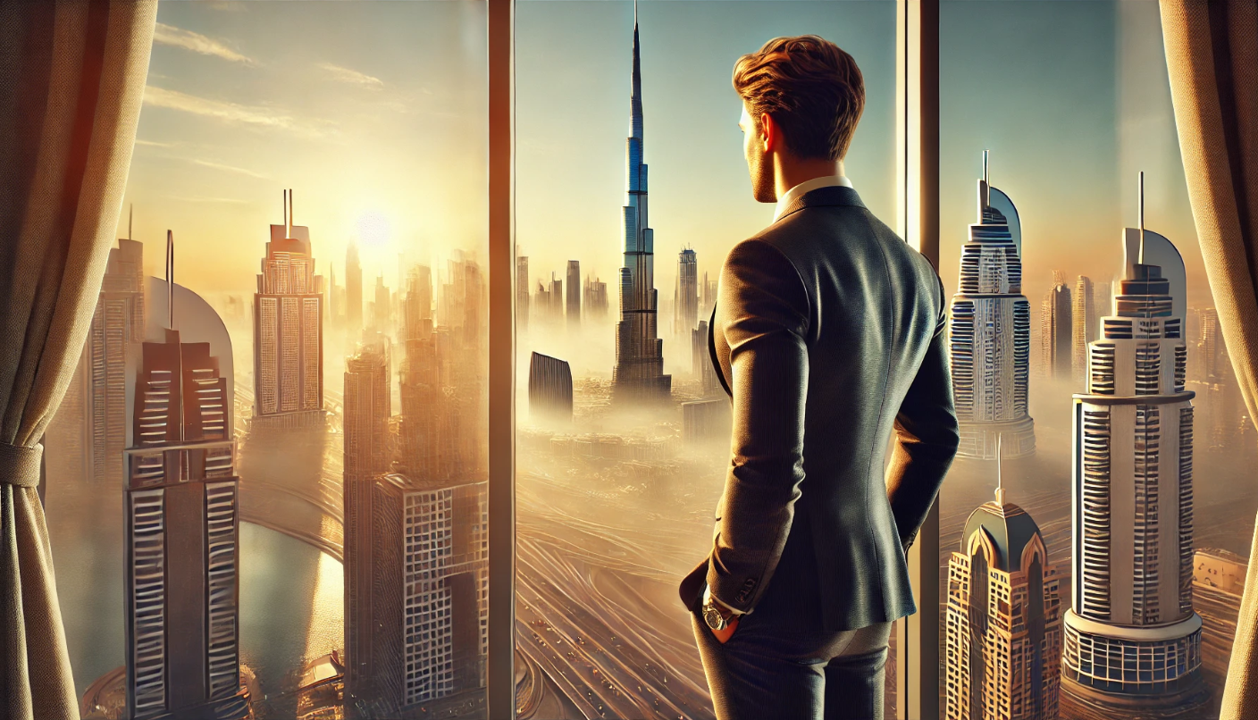 a person standing and looking dubai skyscrappers for investment