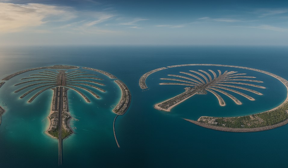 top view of palm jumeirah vs palm jebel ali